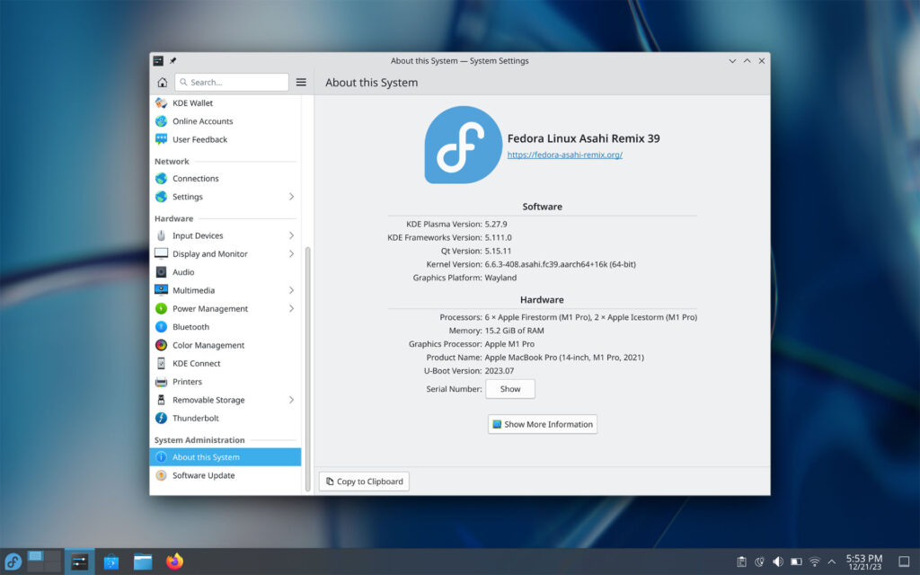 KDE about page on an M1 machine running Fedora