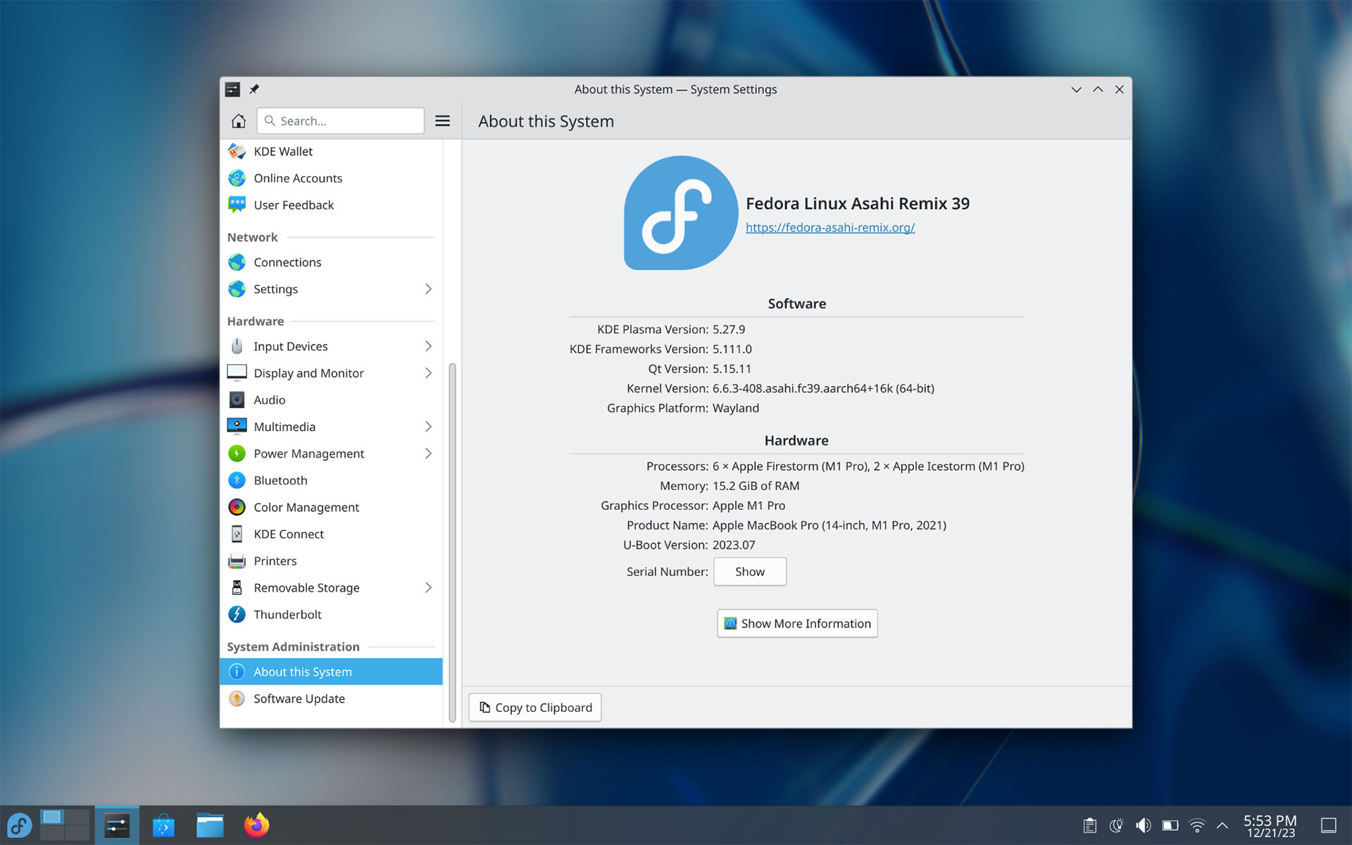 KDE about page on an M1 machine running Fedora